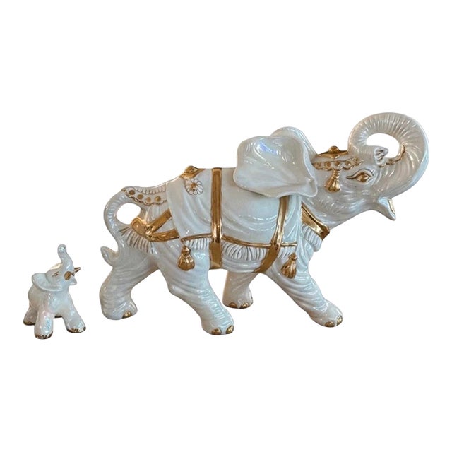 Vintage Royal Elephant & Baby Statues For Sale