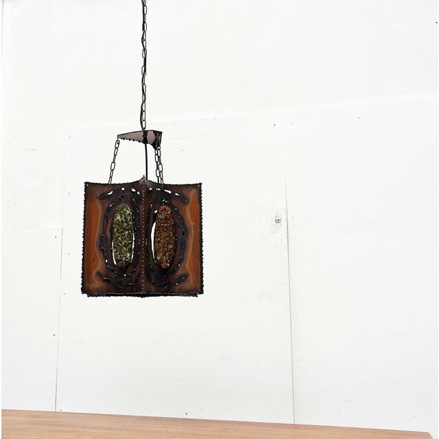 Copper Mid-Century Modern Brutalist French Copper and Glass Pendant Lamp from Accolay, 1960s For Sale - Image 8 of 18