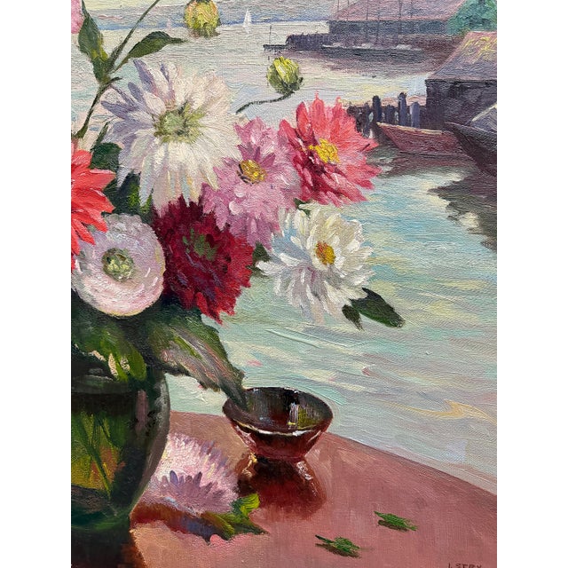 Vintage Irene Stry Still Life Painting With Harbor Scene Background For Sale - Image 4 of 8
