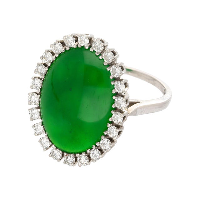 Antique Jadeite Jade & Diamond Halo Platinum 900 Statement Ring, Size 6 For Sale In Miami - Image 6 of 8