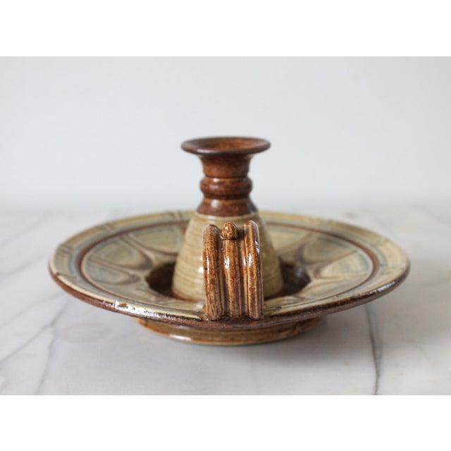 Tan Vintage Studio Art Pottery Candle Holder Hurricane Style Lamp For Sale - Image 8 of 9