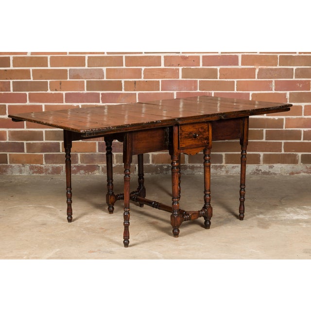 19th Century English 19th Century Oak Drop Leaf Table with Turned Legs and Two Drawers For Sale - Image 5 of 12