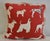Offering this red vern yip cotton dog print pillow with solid cream brush fringe and solid cream back. Down insert....