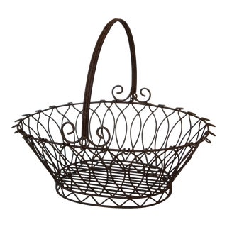 Antique French Provincial Country Farmhouse Wire Harvest Basket For Sale