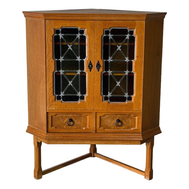 Oak Corner Storage Cabinet With Glass Doors Danish Mid-Century Modern 1960s For Sale
