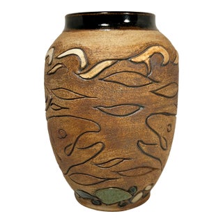 2001 Vintage Native American Studio Art Pottery Salmon Ceramic Vase Signed 9" For Sale