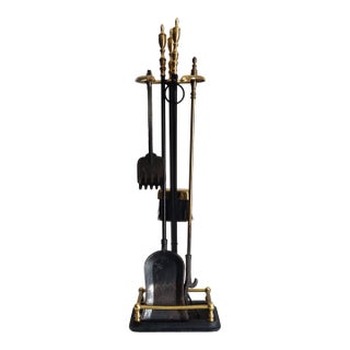 Vintage Cast Iron and Brass Fireplace Tool Set and Stand For Sale