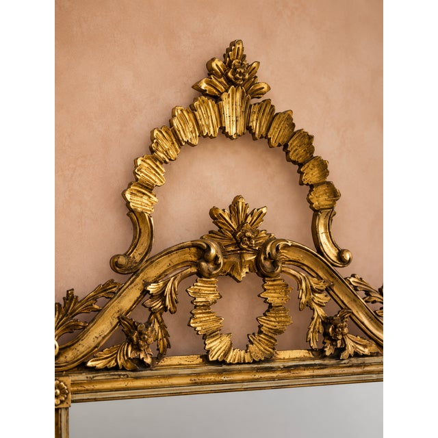 1975 Italian Hollywood Regency Giltwood Wall Mirror | Hand-Carved Gold Frame | 54” Tall For Sale - Image 4 of 6