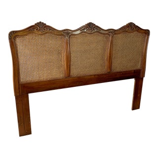 Vintage French Provincial Queen Walnut and Cane Headboard For Sale