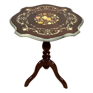 Vintage Italian Rococo Floral Marquetry Fruitwood Turtle Top Side Table For Sale