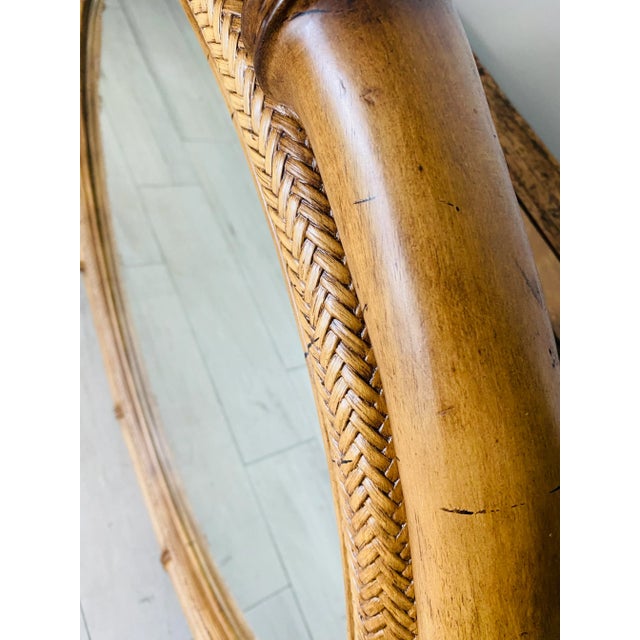 Late 20th Century Monumental Faux Bamboo & Rattan Beveled Wood Mirror Round Frame For Sale - Image 5 of 12