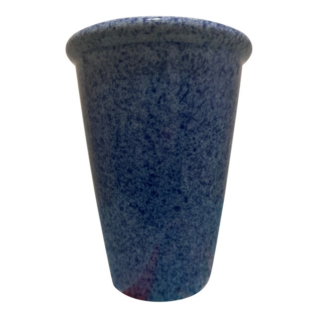 Vintage Minimalist Flared Ceramic Vessel in Speckled Cobalt Blue Glaze For Sale