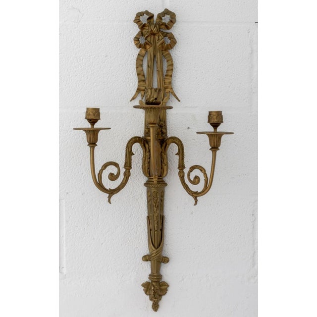 Pair of Louis XVI Style Gilt Bronze Appliques, each with three branches and fluted column stem with bunches of grapes...