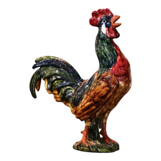 Large French Barbotine Majolica Rooster Sculpture From Normandy For Sale