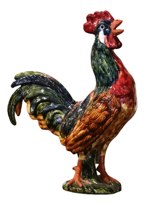 Large French Barbotine Majolica Rooster Sculpture From Normandy