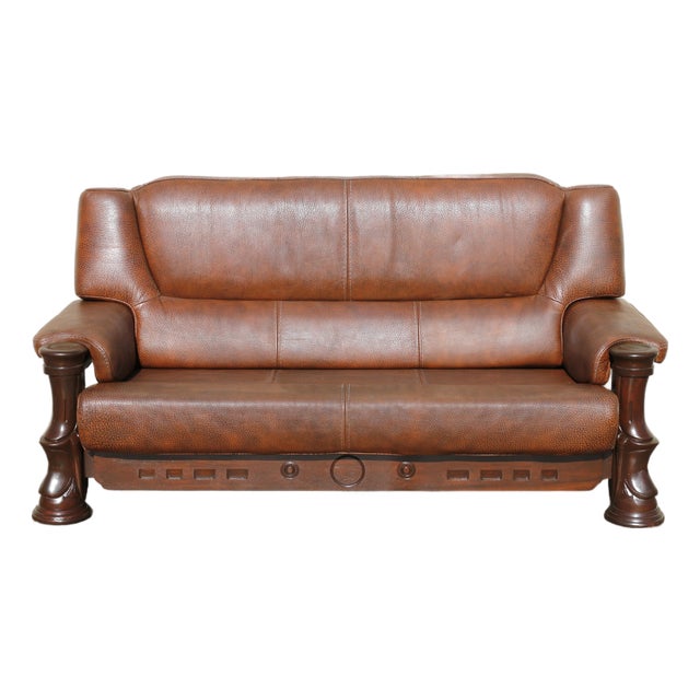 Vintage 1970s Brown Leather Sofa With Sculptural Wood Frame, Attached Cushions & Postmodern Modernist Design For Sale