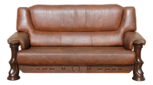 Vintage 1970s Brown Leather Sofa With Sculptural Wood Frame, Attached Cushions & Postmodern Modernist Design