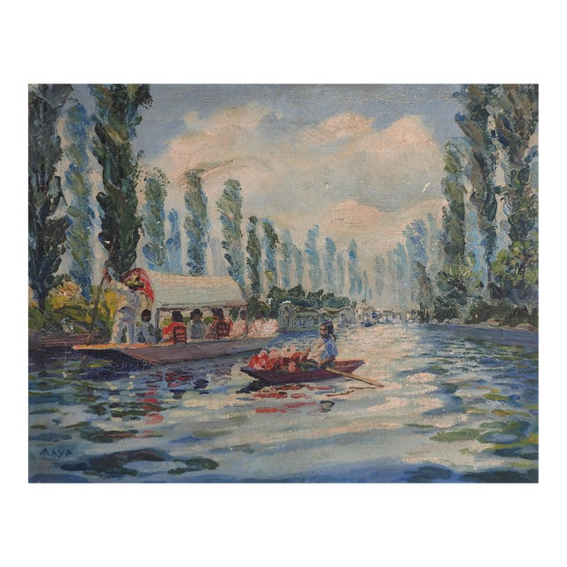 Vintage Plein Air River Flower Market Painting For Sale