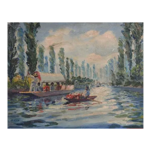 Vintage Plein Air River Flower Market Painting