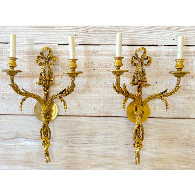 Late 20th Century Louis XVI Style Ormolu Two‑Light Sconces, Attributed to P.E. Guerin For Sale - Image 5 of 12