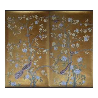 Gold Leaf Chinoiserie Hand-Painted Lavender Peony & Peacock Wall Panels (Set of 2) For Sale