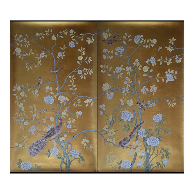 Gold Leaf Chinoiserie Hand-Painted Lavender Peony & Peacock Wall Panels (Set of 2) For Sale