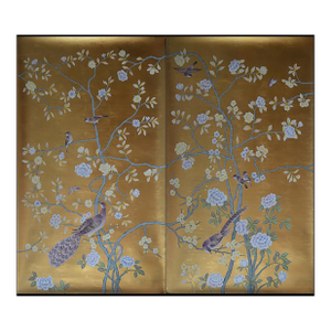 Gold Leaf Chinoiserie Hand-Painted Lavender Peony & Peacock Wall Panels (Set of 2)