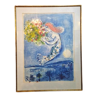 1961 Marc Chagall Rare Baie Des Anges Stone Lithograph - Limited Ed - Framed For Sale
