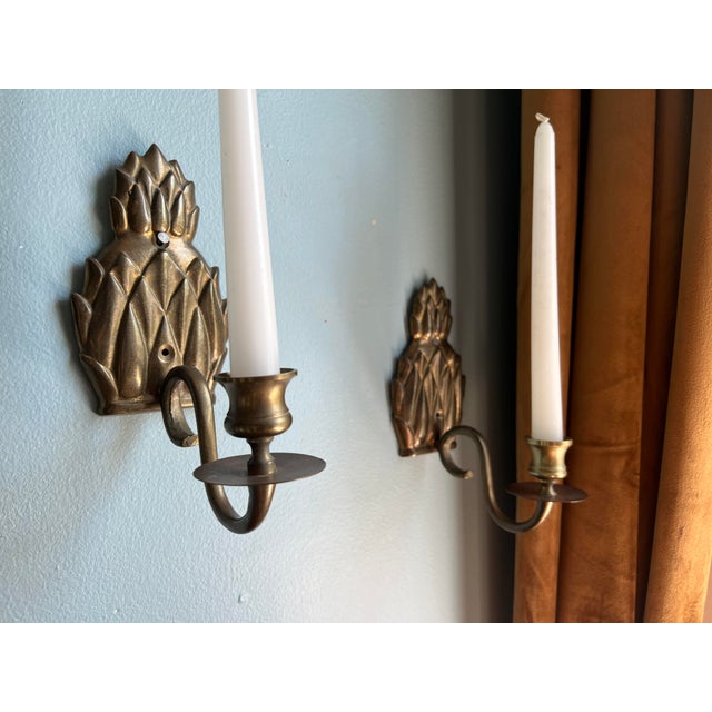 Brass Vintage Brass Pineapple Candle Wall Sconces - a Pair For Sale - Image 8 of 12