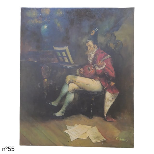 Oil on canvas depicting a seated musician in period attire playing a lute beside a keyboard instrument. The composition is...