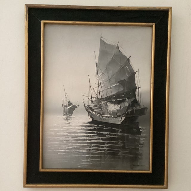 Gray Early 20th Century Original Painting on Canvas Realistic Junk Boat Artist Signed, Framed For Sale - Image 8 of 12