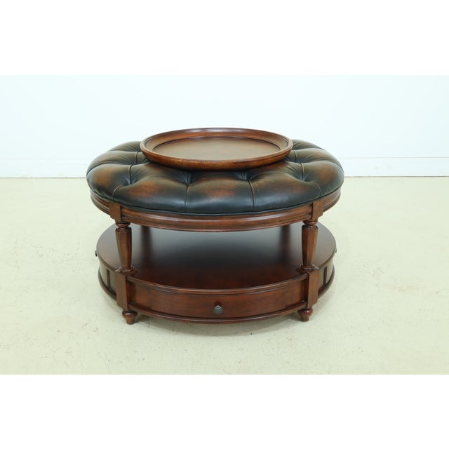 Large Round Tufted Leather Ottoman Coffee Table | Chairish