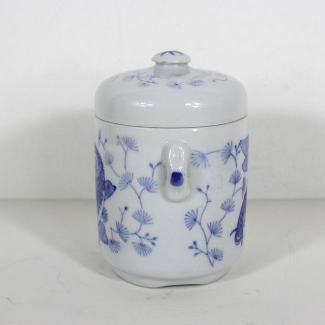 Chinoiserie Small Vintage Chinoiserie Asian Koi Fish Canister Lidded Jar or Pot, Ceramic With Lid Blue and White For Sale - Image 3 of 10