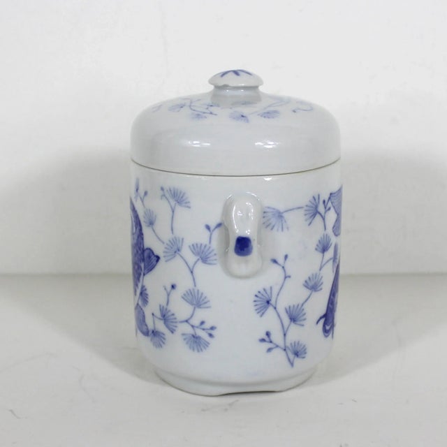 Chinoiserie Vintage Chinoiserie Asian Koi Fish Canister Lidded Jar or Pot, Ceramic With Lid Blue and White For Sale - Image 3 of 10