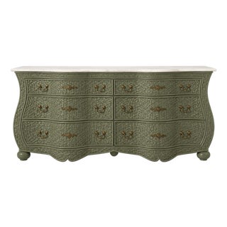 Coastal Wicker Chest Credenza by Whitecraft for Woodard Serpentine With Travertine Top For Sale