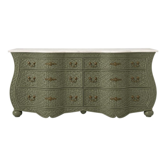 Coastal Wicker Chest Credenza by Whitecraft for Woodard Serpentine With Travertine Top For Sale
