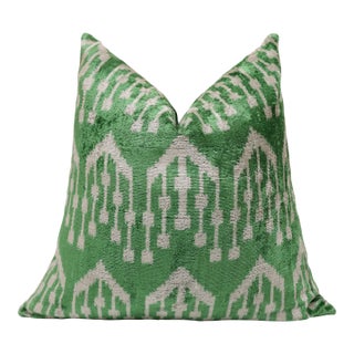 Handwoven Green Ikat Silk Velvet Pillow 20x20 Inch | Luxury Organic Decorative Throw Pillow For Sale