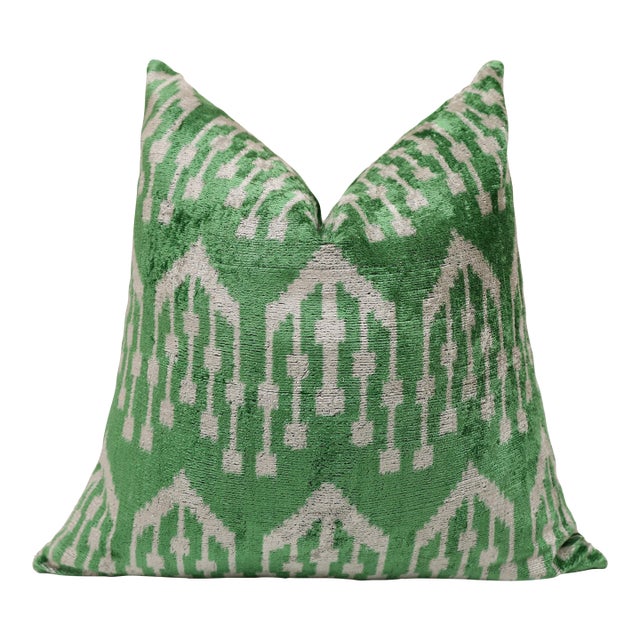 Handwoven Green Ikat Silk Velvet Pillow 20x20 Inch | Luxury Organic Decorative Throw Pillow For Sale