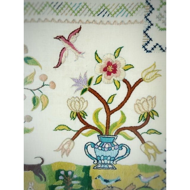 American 1972 Vintage Hand Embroidered Alphabet Sampler, Framed Folk Art Needlework With Floral & Animal Motif For Sale - Image 3 of 9