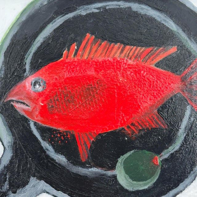 Original Scarlet Red Fish and Olive Still Life Painting on Canvas For Sale - Image 4 of 9