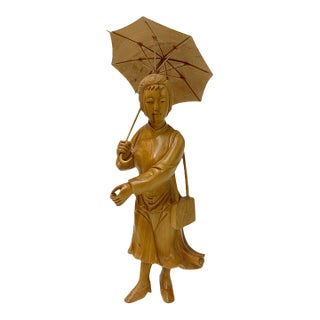Light Tan Wood Crafted Lady Holding Umbrella Art Figure For Sale