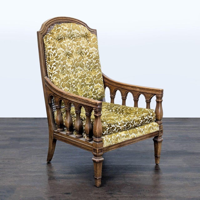 Traditional Thomasville Vintage Lounge Chair With Carved Wood Frame and Green Floral Upholstery For Sale - Image 3 of 8