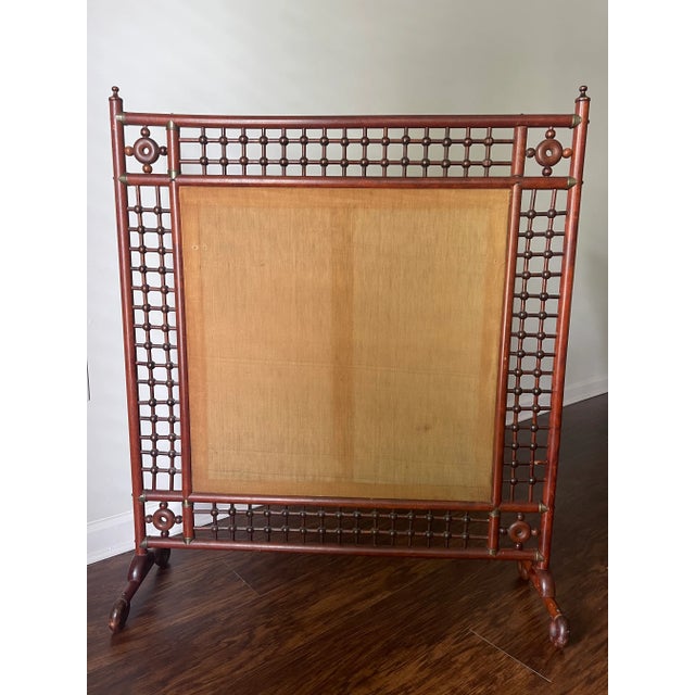 Late 1800s Victorian Stick and Ball Fireplace Screen. All original! Including gorgeous original fabric. Walnut with brass...