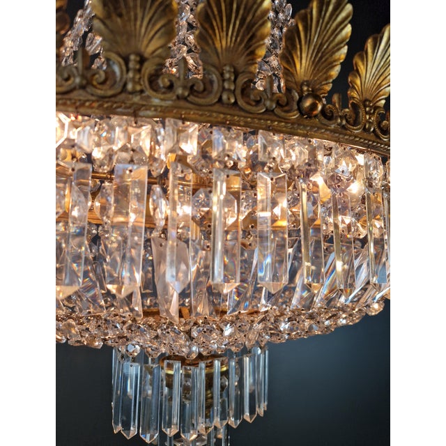 Antique Art Nouveau Low Oval Plafonnier Crystal Chandelier Brass For Sale - Image 11 of 15