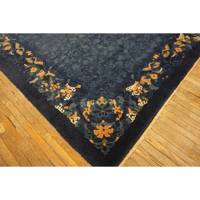 1920s Antique Wool Allover Floral Rectangle Blue Hand Knotted Pile Peking Rug For Sale - Image 4 of 10