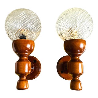 Portuguese Rustic Wood and Glass Wall Sconces, 1990s, Set of 2 For Sale