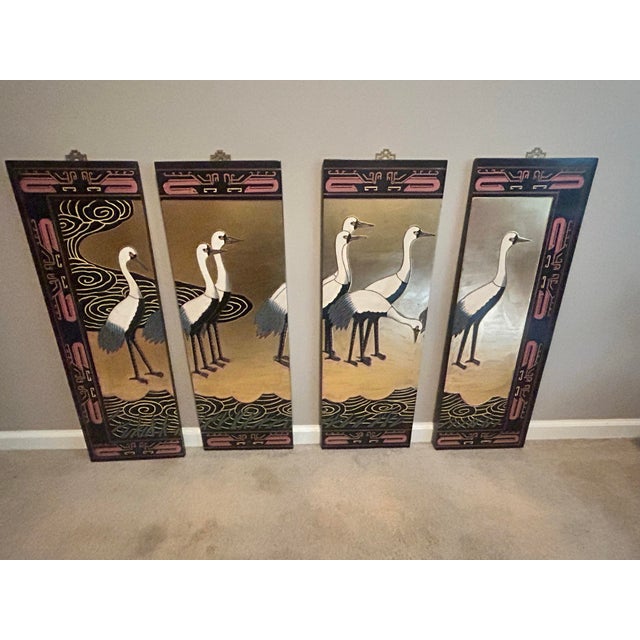 1970s Mid-Century Art Deco Chinese Coromandel Lacquer 4-Panel Wall Screen With Cranes. For Sale - Image 5 of 8