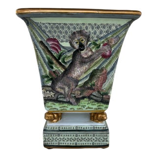 Vintage Footed Porcelain Monkey Vase on Decorative Base For Sale