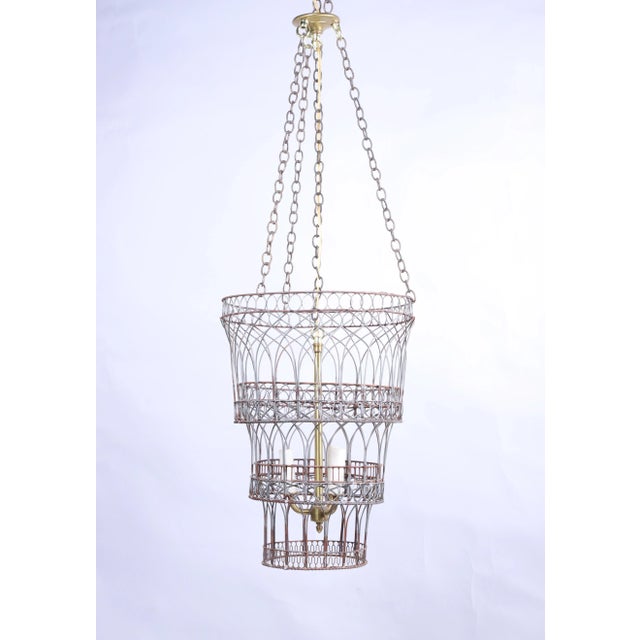 Vintage Handmade Chandelier Made of Metal Wire. Silver/gold, distress. Diameter：13”dia. Height:16". Plus the chain:52"H