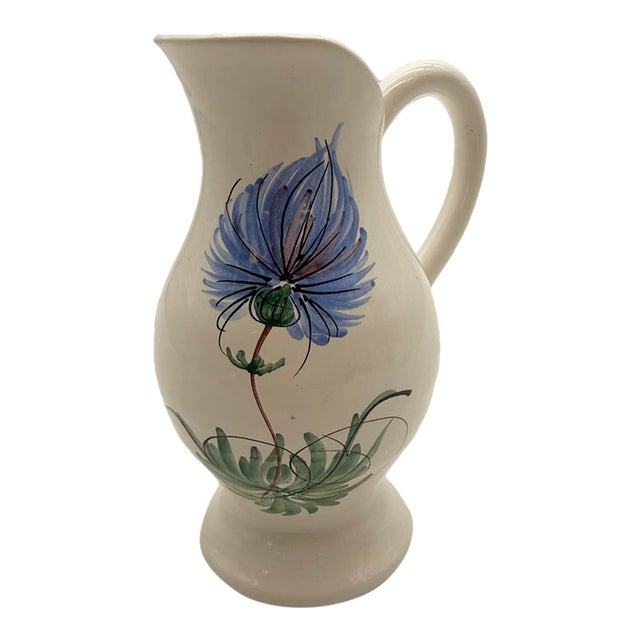 Vintage Céramique Fady Vallauris Pitcher - Hand Painted Blue Thistle Flower French Folk Art Pottery, Signed Sticker Exécuté Main For Sale